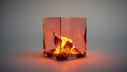 Captivating close-up of a transparent glass cube containing a warm, glowing fire, creating an illusion of a contained flame with a modern, abstract aesthetic