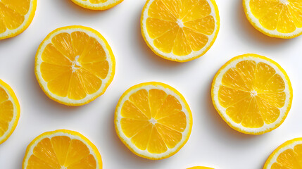 Obraz premium Fresh lemon slices neatly arranged on white background