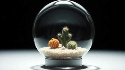Miniature desert landscape encased within a clear glass sphere, showcasing tiny cacti and succulents on a bed of sand, creating a captivating terrarium