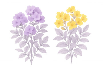 Illustration featuring two bouquets of purple and yellow flowers with leaves on a transparent background, perfect for adding a touch of nature to designs
