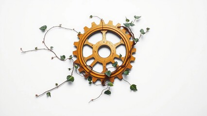 Innovative and Sustainable Mechanical Gear Intertwined with Lush Green Ivy Representing the Harmony Between Industry and Nature