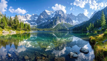 Fototapeta premium A serene alpine lake reflects the majestic snow-capped mountains, showcasing a tranquil and picturesque landscape.