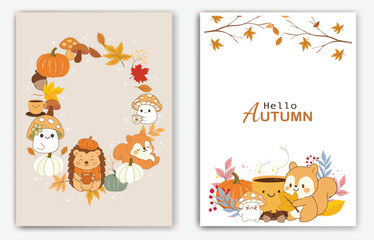Autumn Frame with Pumpkins and Fall Leaves for Seasonal Invitation or Greeting Card