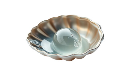 A clear, spherical jelly rests inside a decorative, shell-shaped bowl, creating an elegant and minimalist presentation