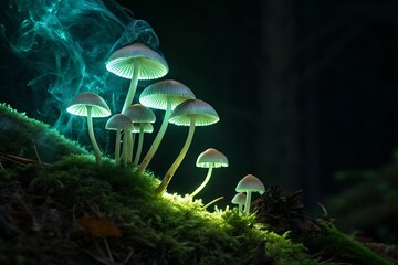 Luminous mushrooms with green glow on mossy forest floor