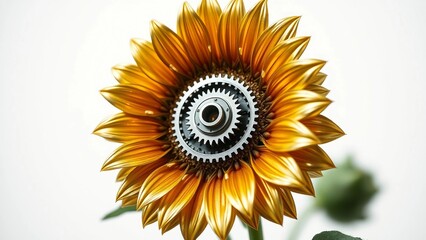 A single sunflower bloom transforms into a mechanical marvel with a detailed gear mechanism at its center, symbolizing nature's intricate engineering and bio-mechanical fusion