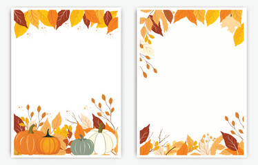 Autumn Frame with Pumpkins and Fall Leaves for Seasonal Invitation or Greeting Card