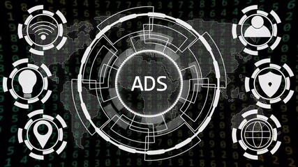 Futuristic digital interface with global network data analysis and A I technology icons showing connectivity security innovation and user profiles on a binary code background - Powered by Adobe