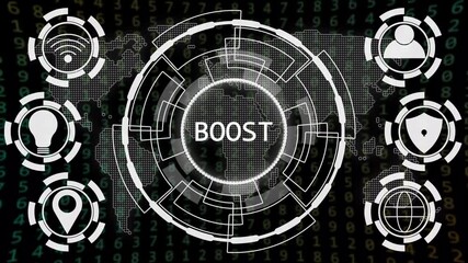 Futuristic digital interface with global network connection wifi user security and location icons on a background of flowing binary code and world map data visualization - Powered by Adobe