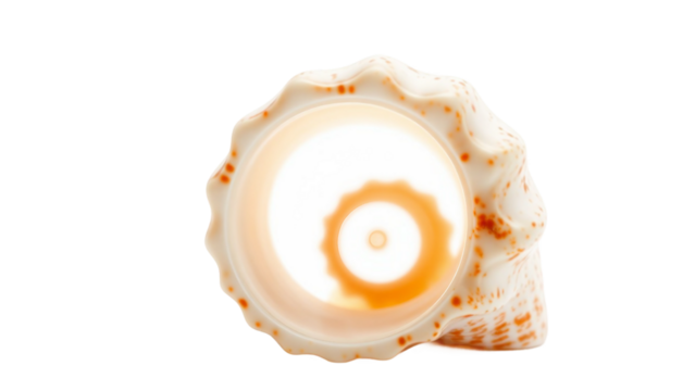 Close-up view of a spiral seashell's opening, showcasing its intricate patterns and orange speckles against a clean white background, offering a minimalist and elegant natural detail