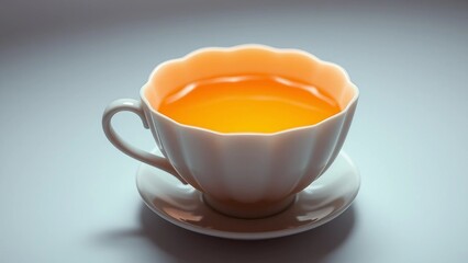 A refreshing cup of amber-colored liquid, possibly herbal tea, in an elegant white ceramic teacup with a matching saucer, presented against a subtle backdrop