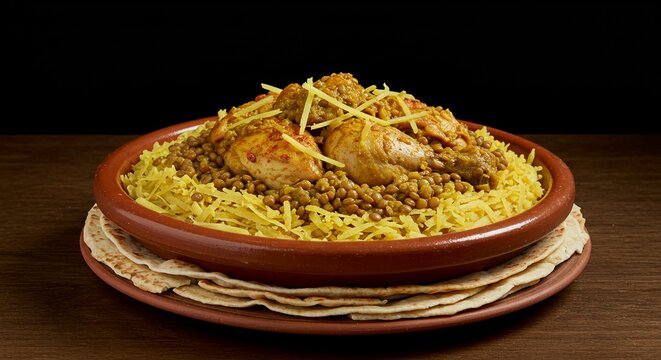 A bowl of food on a table showing a moroccan rfissa shredded flatbread with lentils and spiced chicken