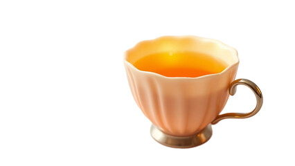 A delicate pink teacup filled with golden amber liquid, presented elegantly against a clean white background, perfect for tea-related content