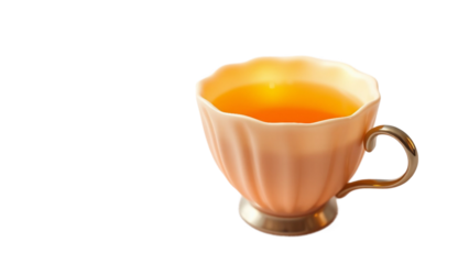A delicate pink teacup filled with golden amber liquid, presented elegantly against a clean white background, perfect for tea-related content