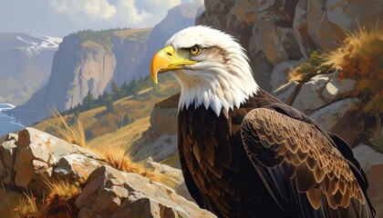 A majestic bald eagle perches atop a craggy mountain, overlooking a scenic landscape of rolling hills and a vast body of water.
