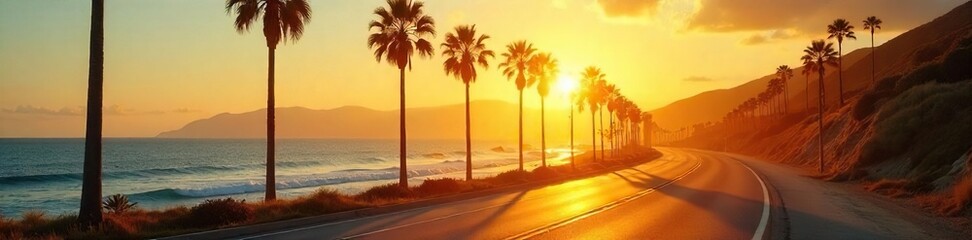 Golden hour sunlight bathes a vibrant, sun-drenched LA summer scene, highlighting palm trees, a sparkling ocean, and a classic Californian road , vibrant, vacation, light