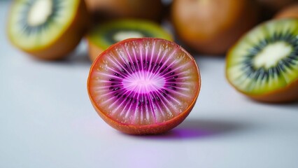 Vibrant Red Kiwi Fruit Sliced Open Revealing Radiant Pink Flesh and Seed Pattern with a Soft Glow