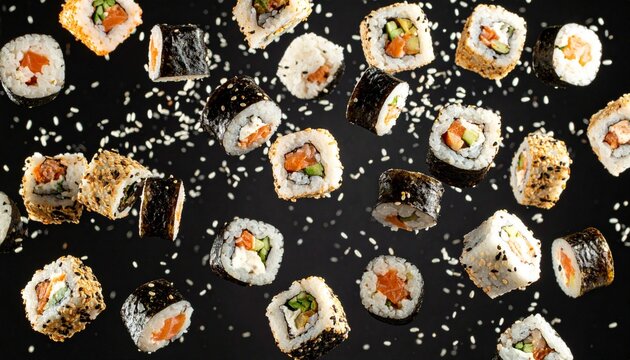 Flying Sushi Rolls Sesame Seeds Food Photography - Powered by Adobe