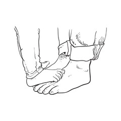 Line drawing of children's feet with their parents