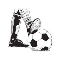 Line drawing of children's feet with a ball and shoes