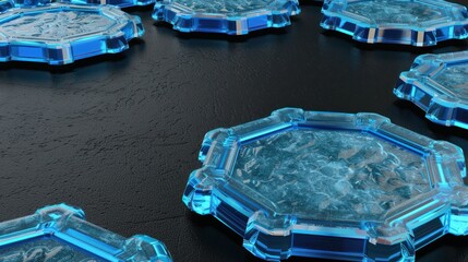 Futuristic Blue Ice Coins on Dark Surface for Digital Currency Concept