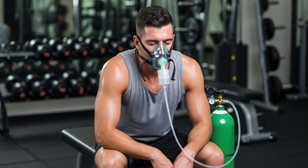 A man wearing a mask and sitting on a bench in a gym.