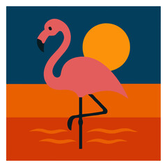 Flamingo Standing in Shallow Water at Sunset – Tropical Flat Vector