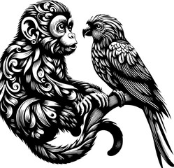Naklejka premium Minimalist black and white vector icon of a monkey with a bird, clean lines, modern style, scalable, perfect for logos, stickers, or digital use.