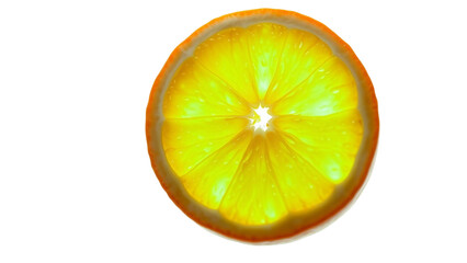 A close-up, backlit slice of a vibrant orange fruit against a stark white background, showcasing its juicy segments and bright citrus glow