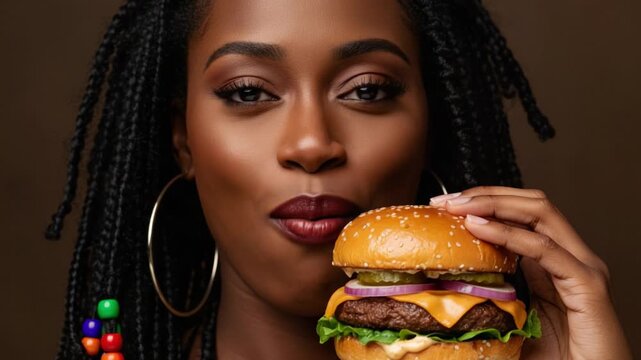 Deliciously Captured: A Confident Woman Showcases a Mouthwatering Burger, Highlighting Flavorful Ingredients and a Joyful Gourmet Experience