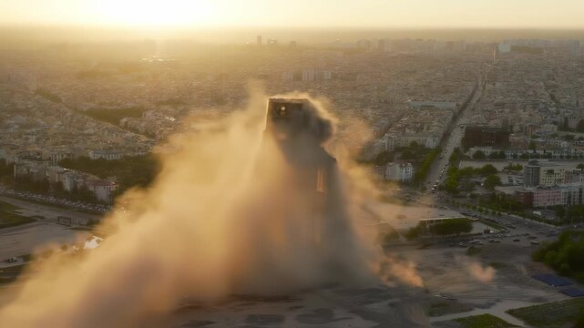 Building demolition at sunset, dust and debris filling the air