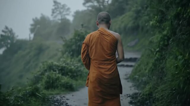 Monk's Journey: Solitary Walk on Misty Mountain Path in Orange Robes