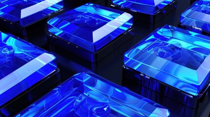 Futuristic Blue Illuminated Technology Icons on Black Background