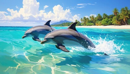 Obraz premium Two playful dolphins leap gracefully through turquoise water, near a tropical paradise beach.