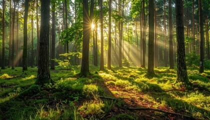 Obraz premium Sunlight streams through a dense forest, illuminating a carpet of moss and undergrowth.