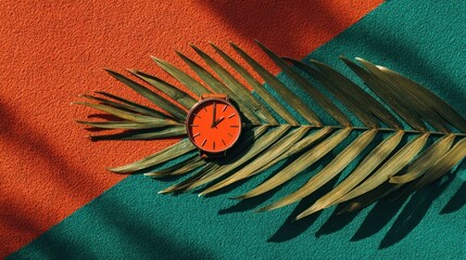 Orange watch on palm leaf with teal background