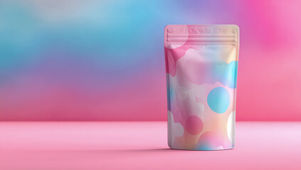 A colorful stand up pouch with a resealable zipper closure on a pastel pink and blue background