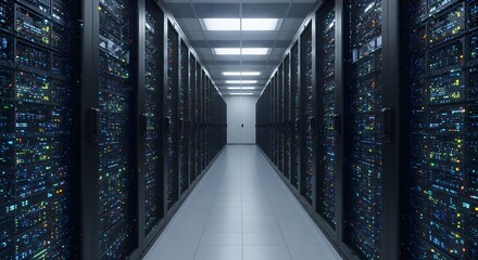 Modern Data Center Aisle with Rows of Server Racks and Blinking LED Lights