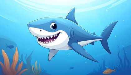 Happy cartoon shark underwater