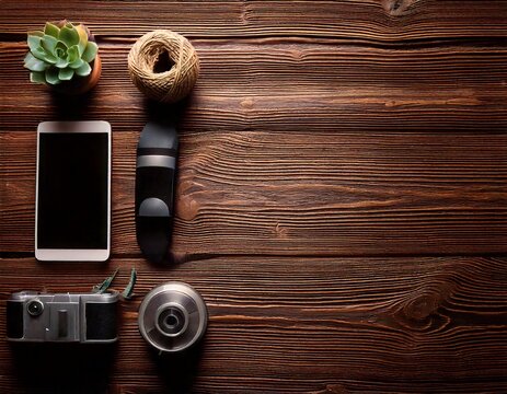  Natural elements and technology on rustic wooden background - Powered by Adobe