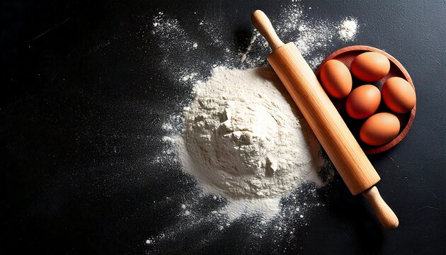 Baking ingredients flour eggs and rolling pin on dark surface
