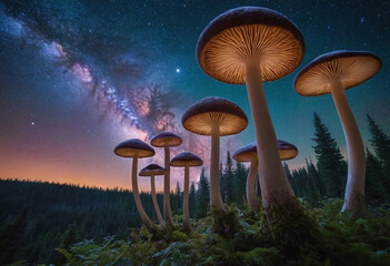 Cosmic sky above mushroom forest creating enchanting atmosphere for fantasy illustrations imaginative digital projects enhancing visual interest