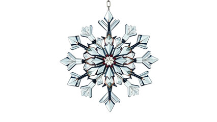 A delicate glass snowflake ornament hangs suspended, catching the light with its intricate, crystalline design