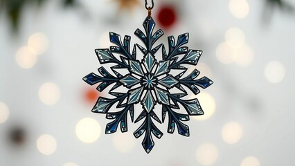 Decorative Blue Snowflake Ornament Hanging Against a Blurred Bokeh Background, Perfect for Winter Holidays and Festive Decorations