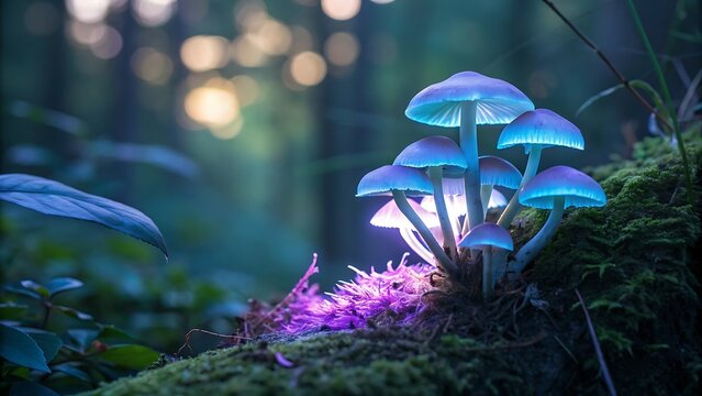 Magical glowing mushrooms with blue and pink light in forest