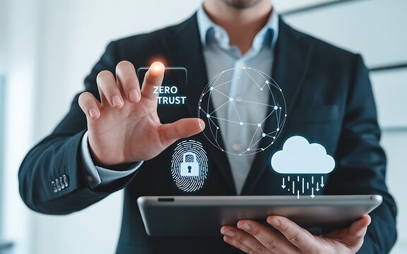 Modern cybersecurity concept of zero trust in a business environment with a businessman using a tablet and digital network overlay