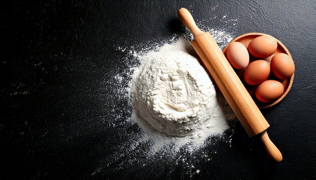 Baking ingredients flour eggs and rolling pin on dark surface
