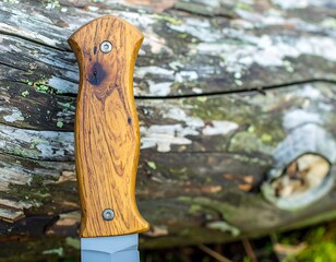 Close-up of a knife handle on a tree trunk