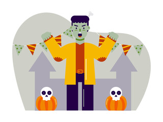 Man dressed as Frankenstein for Halloween costume party. Trick or treat vector illustrations. Flat vector illustrations.