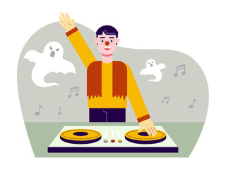 DJ playing music at Halloween costume party. Trick or treat vector illustrations. Flat vector illustrations.